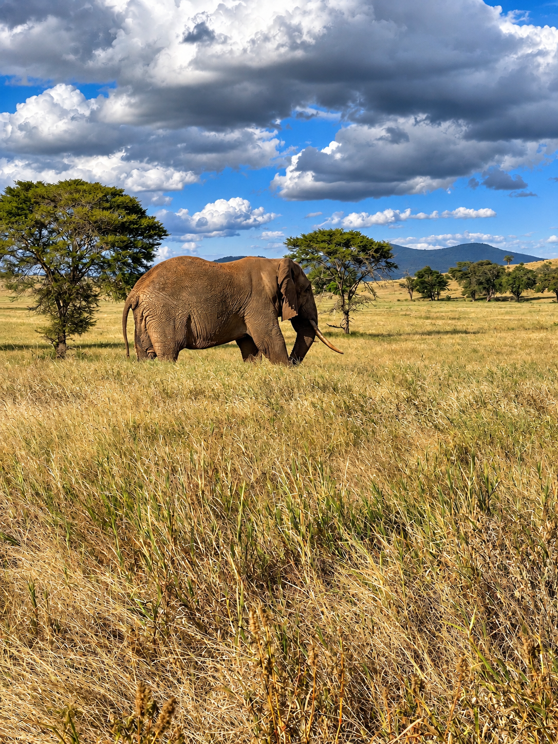 An elephant crossing golden savanna grass beneath dramatic clouds.