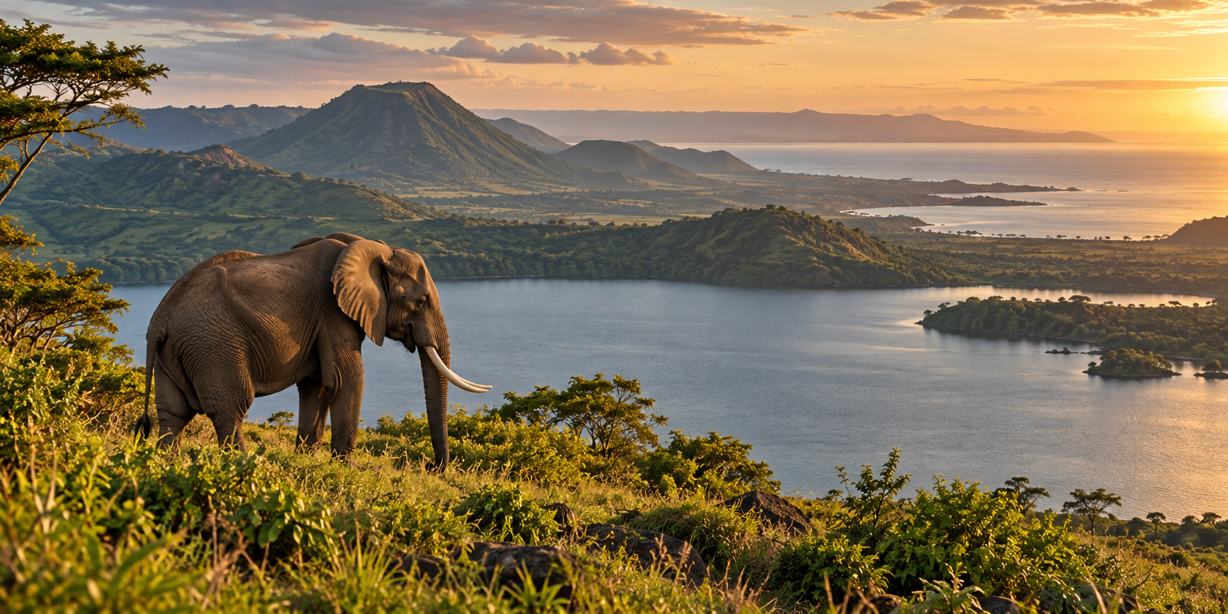 An elephant beside a highland lake, with green hills in the distance.